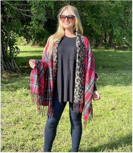 Layered Clothing with Plaid Fringe Poncho