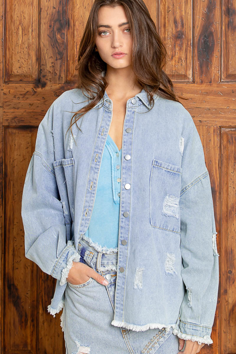 Oversized Denim Patch Fringe Shacket by POL