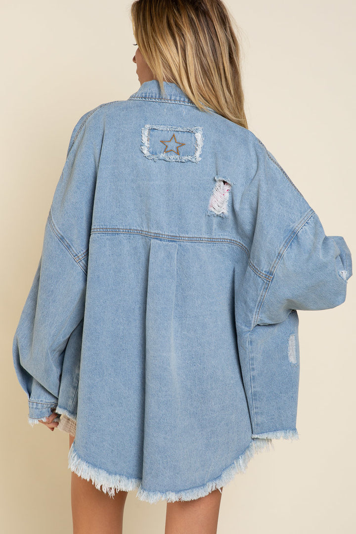 Oversized Denim Patch Fringe Shacket by POL