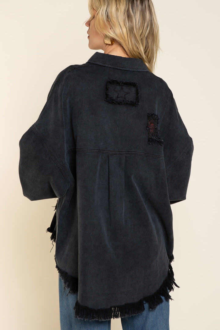 Oversized Denim Patch Fringe Shacket by POL