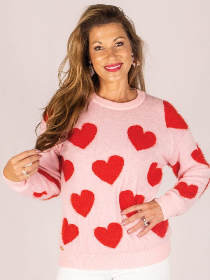 Pink & Red Hearts Fuzzy Sweater by Simply Southern