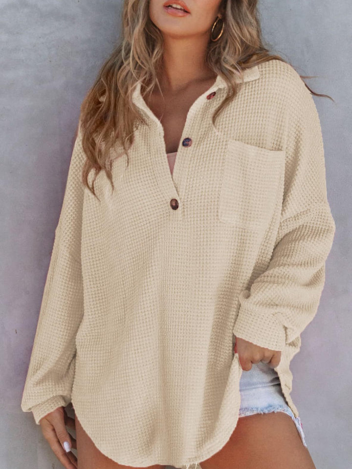 Waffle Drop Shoulder Long Sleeve Pullover (Ships in 2-3 Weeks)