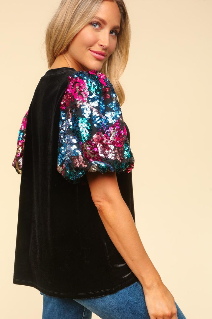 Velvet Floral Sequin Sleeve Top - Black