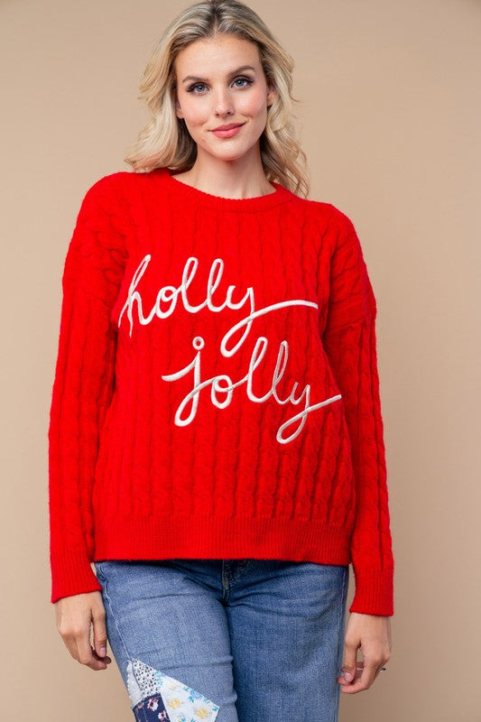 'Holly Jolly' Red Solid Knit Sweater