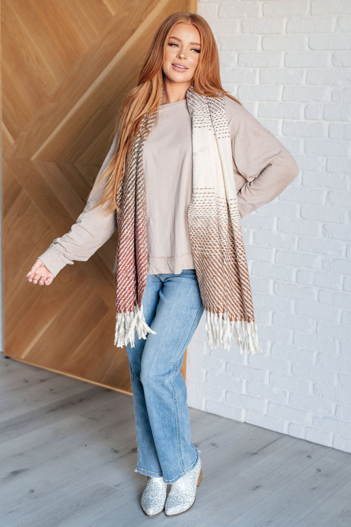 Cold Front Fringe Scarf in Coffee and Red - 12/6