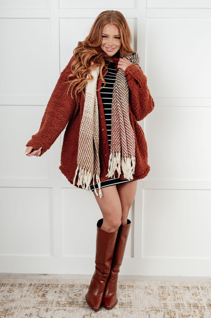 Cold Front Fringe Scarf in Coffee and Red - 12/6