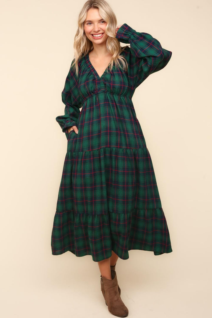 Winter Plaid Long Sleeve Maxi Dress - Hunter Green