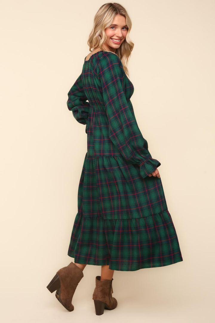 Winter Plaid Long Sleeve Maxi Dress - Hunter Green