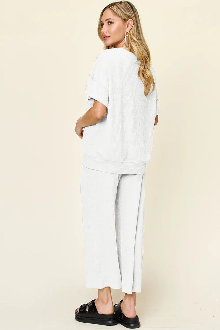 Ribbed Short Sleeve T-Shirt & Wide Leg Pants Set