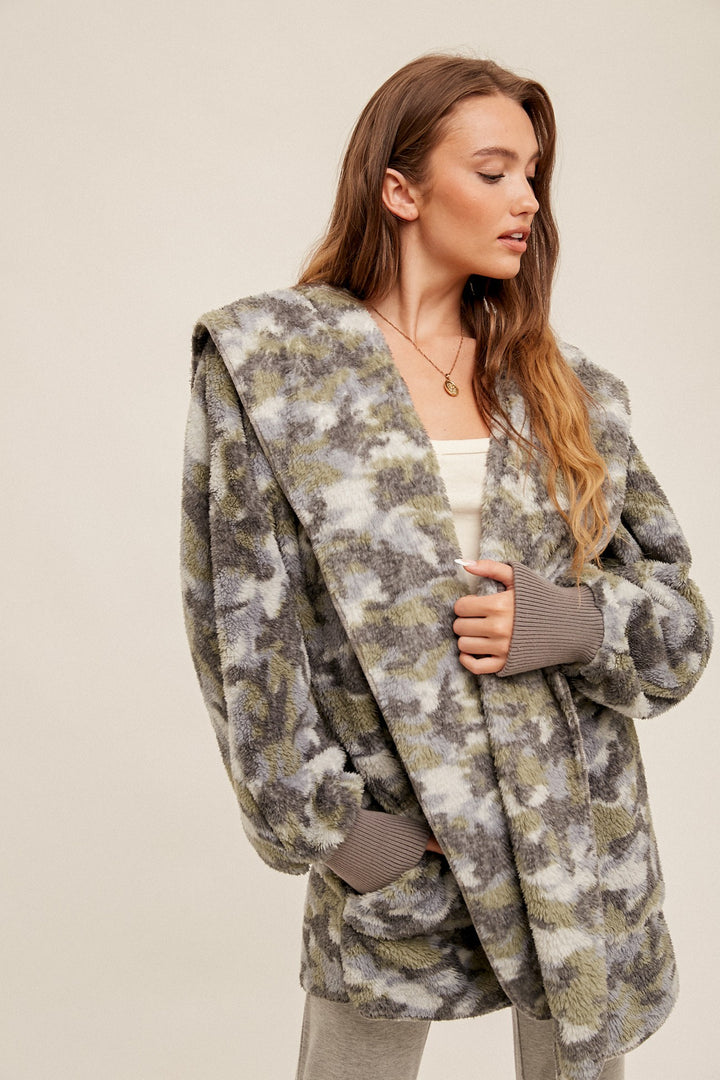 Distressed Camo Fur Oversized Hoodie Jacket by Mystree