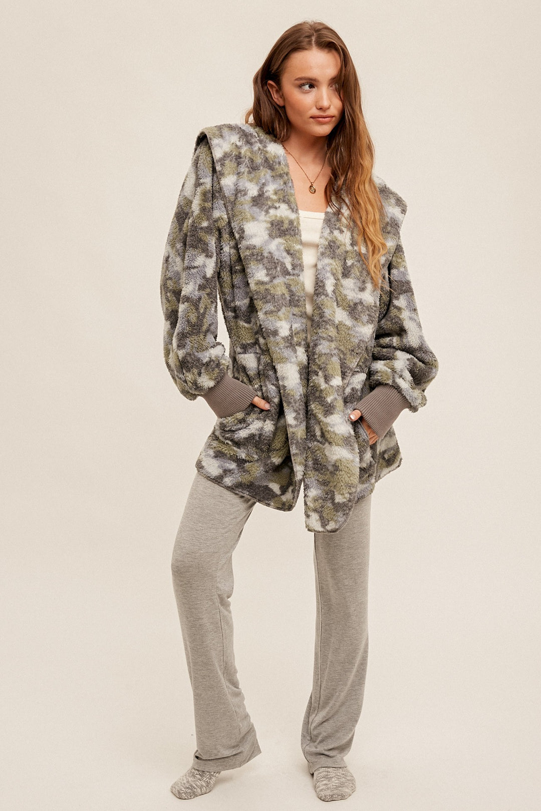 Distressed Camo Fur Oversized Hoodie Jacket by Mystree