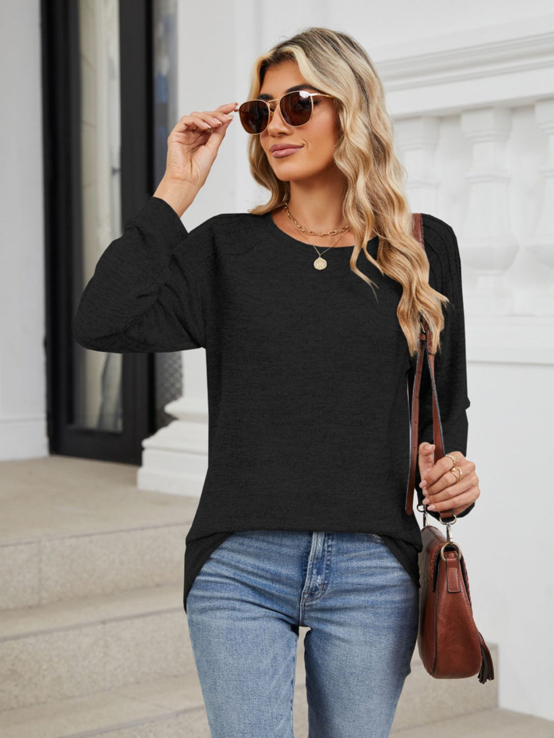 Ribbed Shoulder Cozy Hacci Long Sleeve (Ships in 2-3 Weeks)