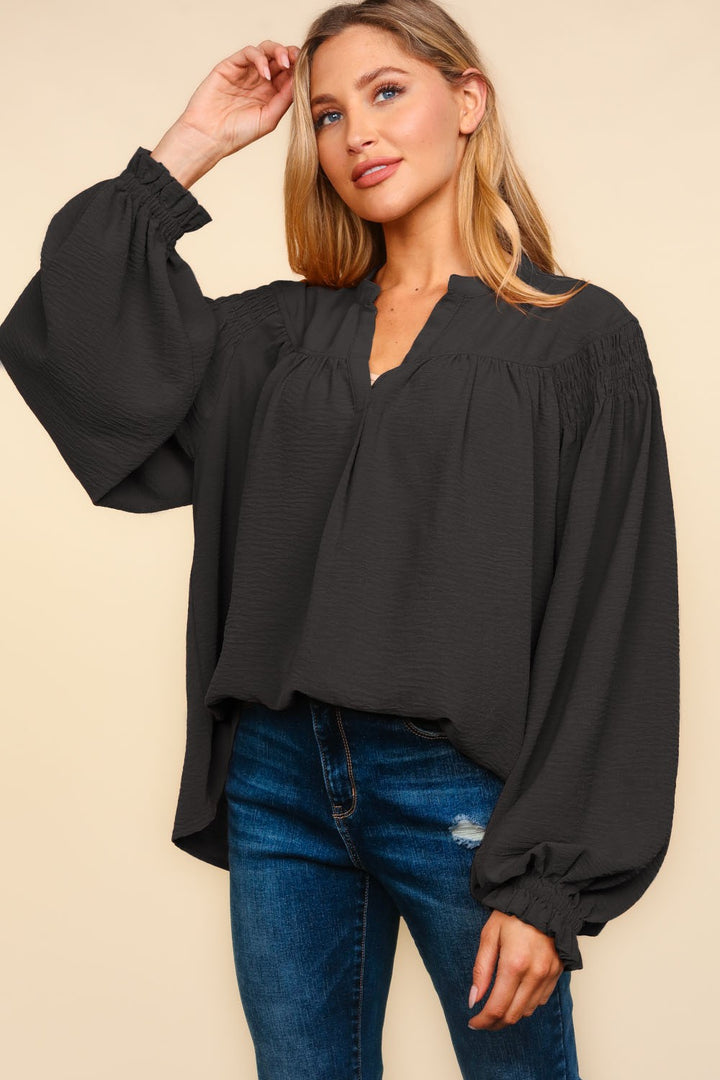 Bubble Sleeve Babydoll Blouse - Black