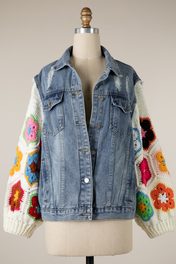 Floral Crochet Sleeve Denim Jacket