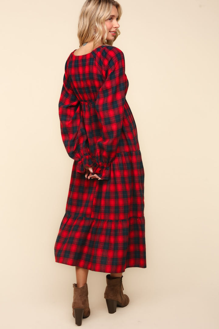 Winter Plaid Long Sleeve Maxi Dress - Red