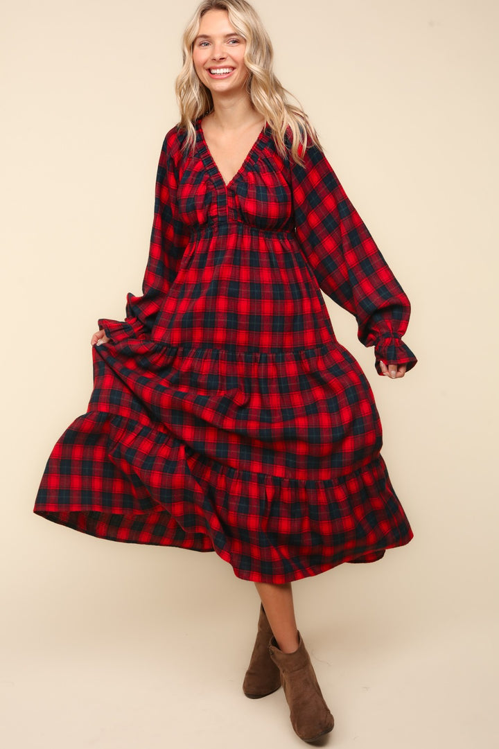 Winter Plaid Long Sleeve Maxi Dress - Red