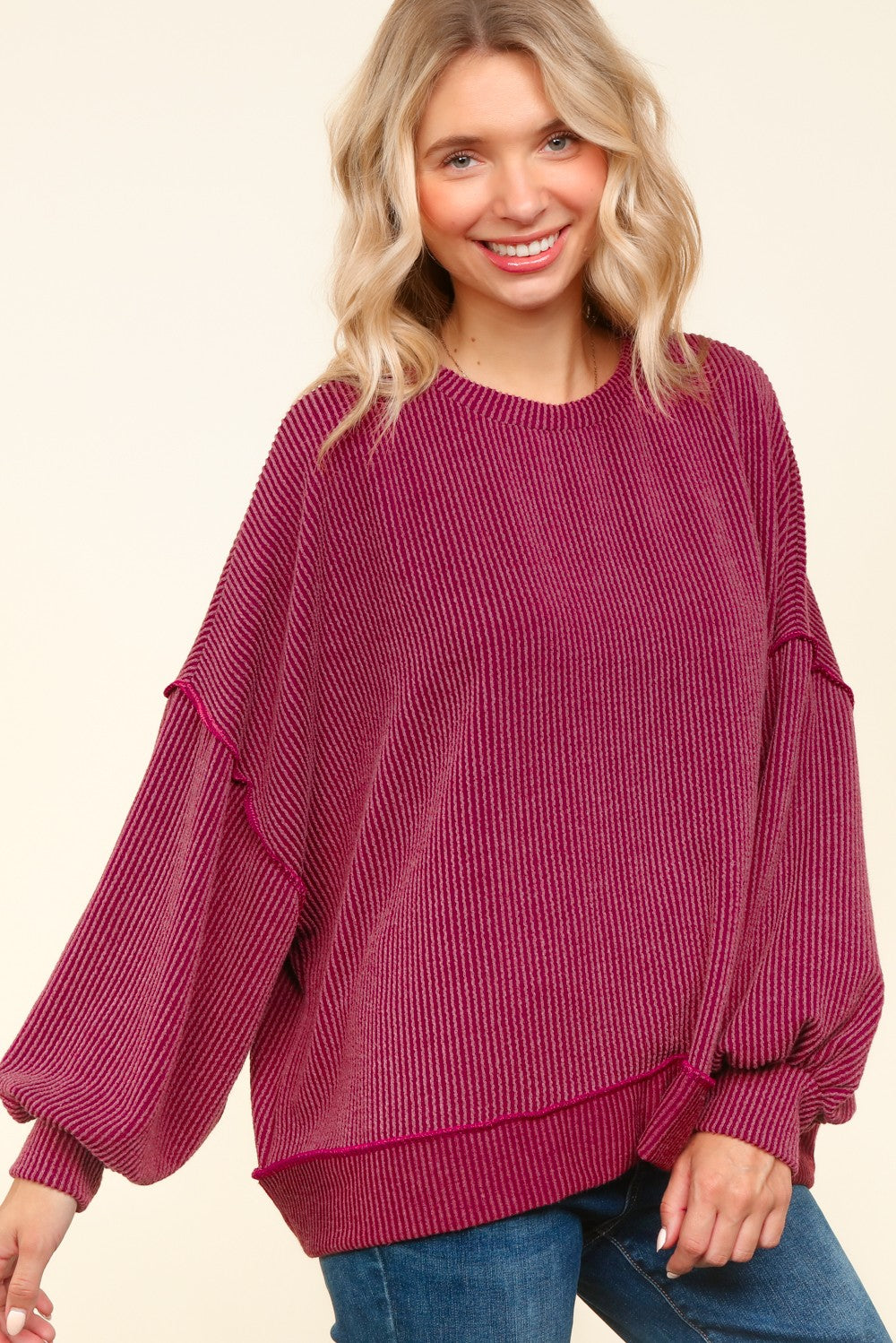 Drop Shoulder Ribbed Long Sleeve Reverse Knit Top - Wine