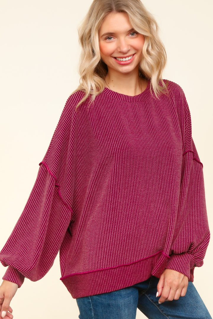 Drop Shoulder Ribbed Long Sleeve Reverse Knit Top - Wine