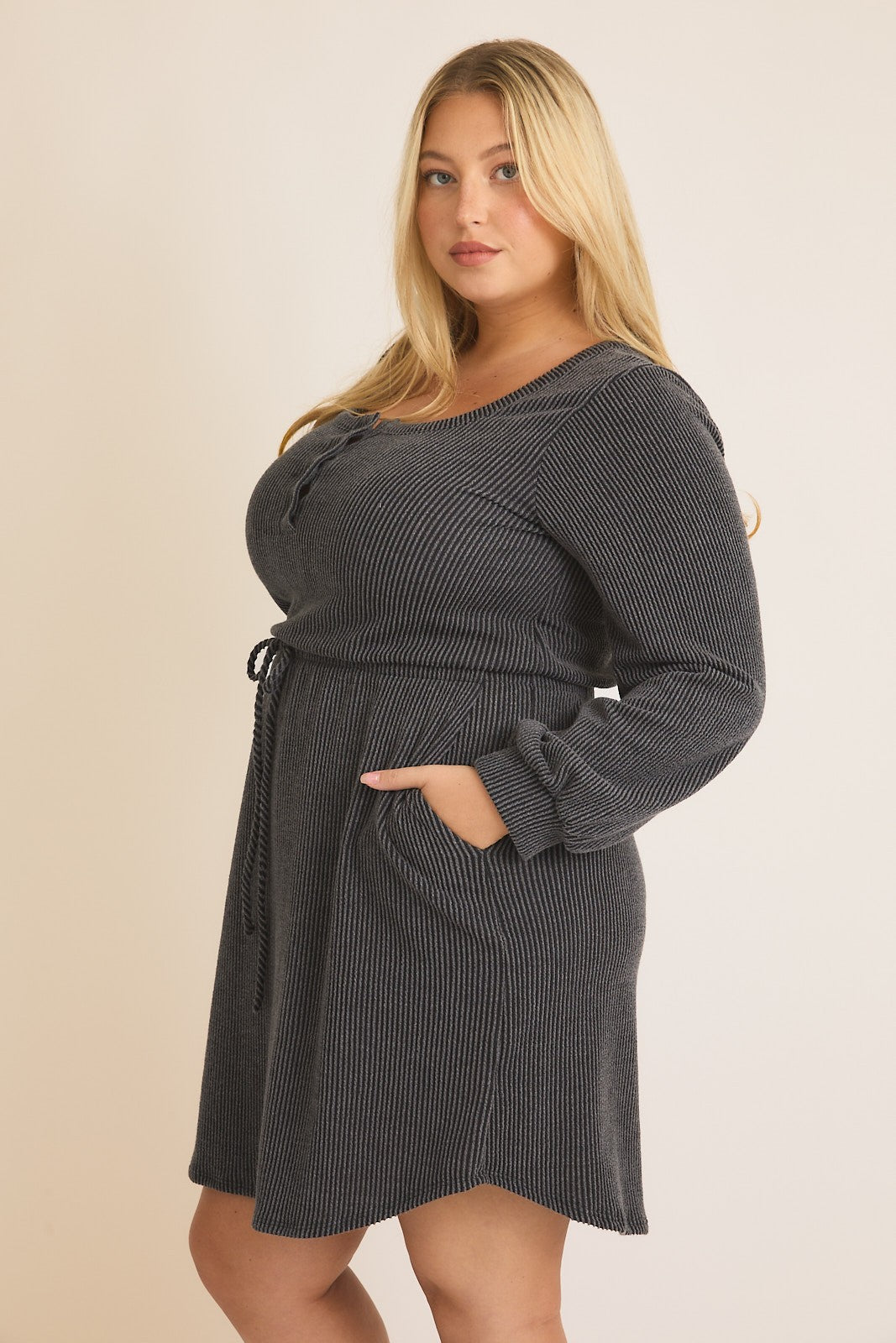 Front Button Waist Tie Long Sleeve Dress by Gilli