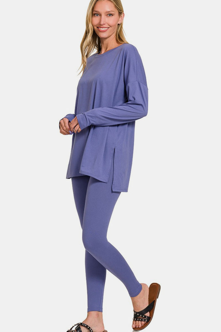 Brushed Microfiber Top and Leggings Lounge Set by Zenana - Blue (Ships in 2-3 Weeks)