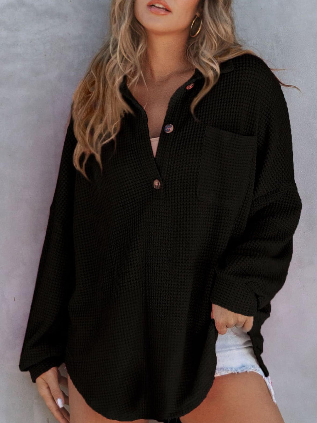 Waffle Drop Shoulder Long Sleeve Pullover (Ships in 2-3 Weeks)