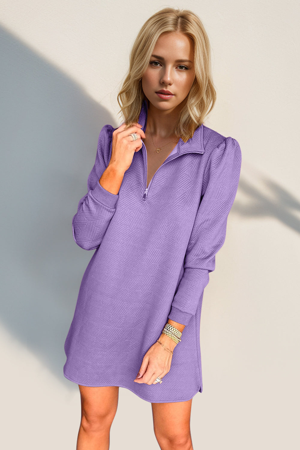 Textured Quarter Zip Long Sleeve Dress by Double Take (Ships in 2-3 Weeks)