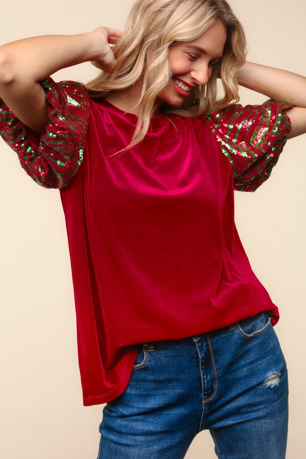 Velvet Sequin Sleeve Top - Christmas Red & Green