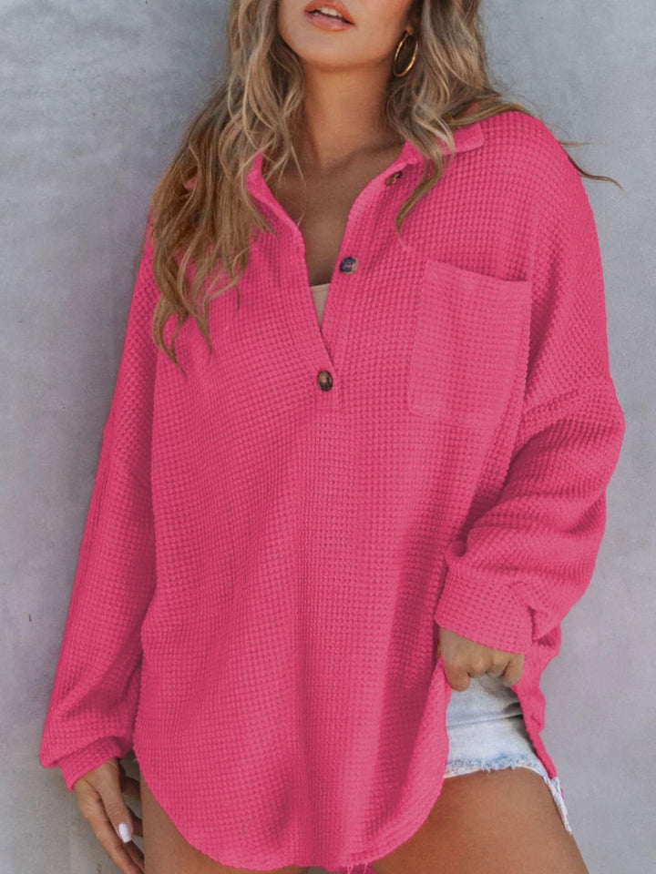 Waffle Drop Shoulder Long Sleeve Pullover (Ships in 2-3 Weeks)