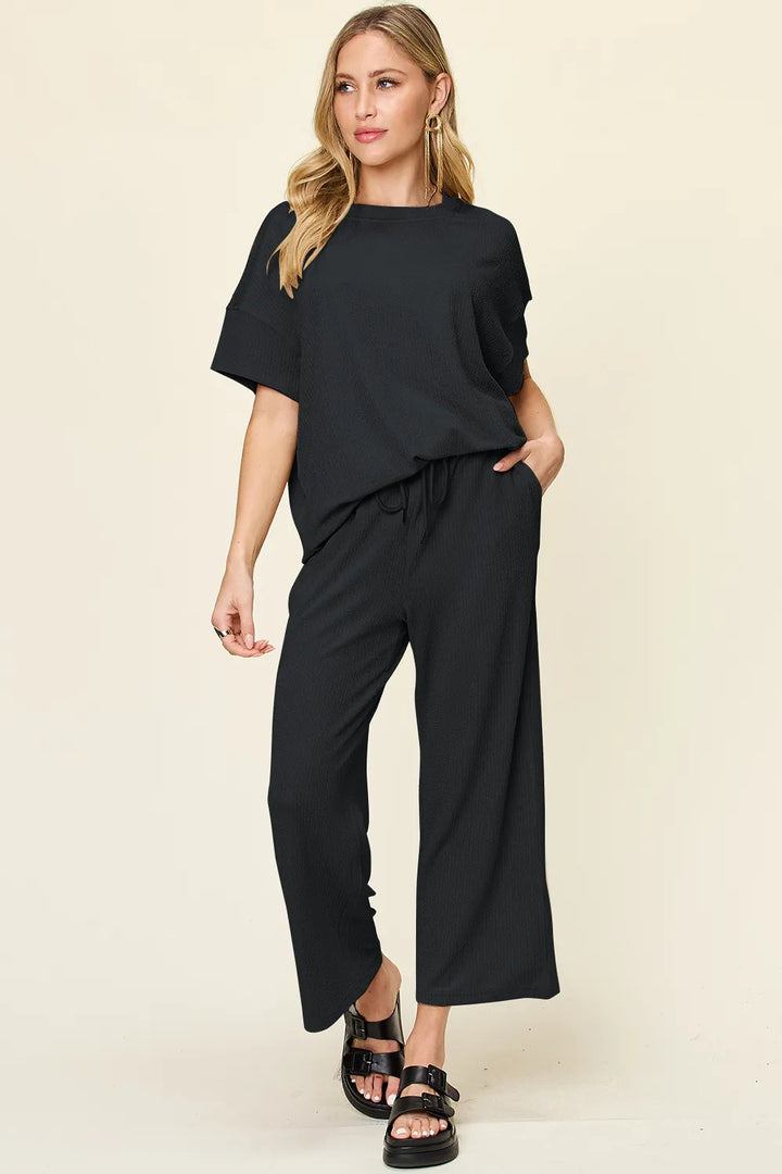 Ribbed Short Sleeve T-Shirt & Wide Leg Pants Set