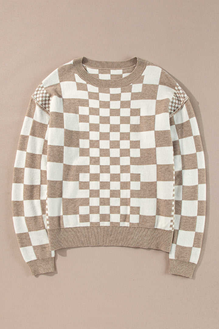 Lana Checkered Drop Shoulder Round Neck Sweater - Choice of Colors (Ships in 2-3 Weeks)