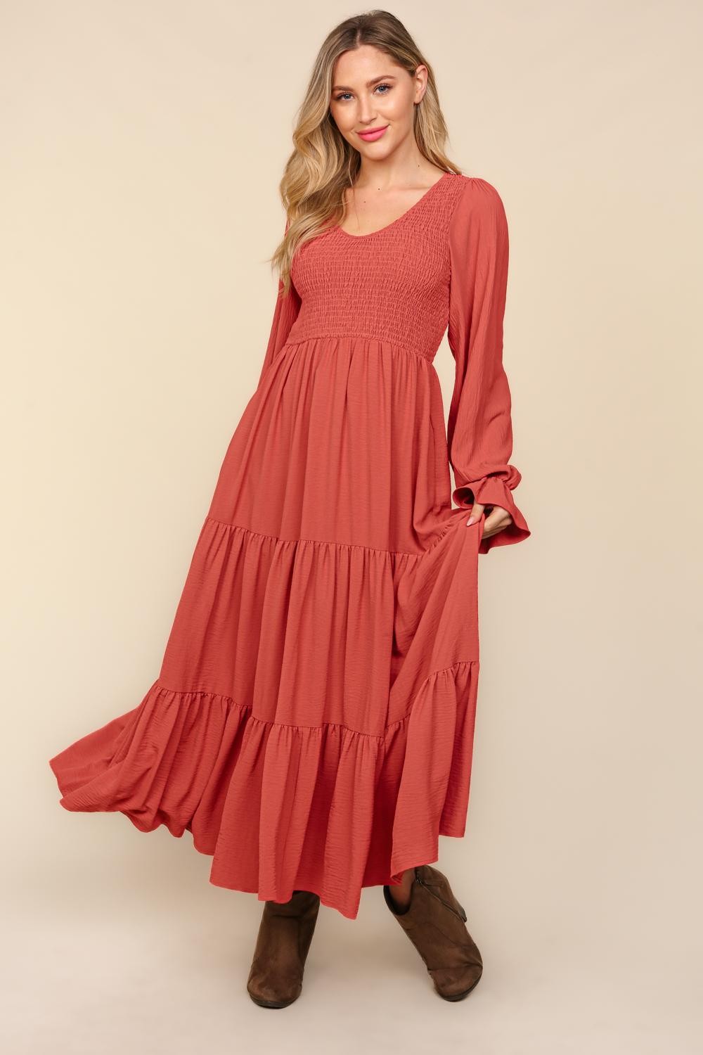 Smocking Woven Bubble Sleeve Maxi Dress - Marsala