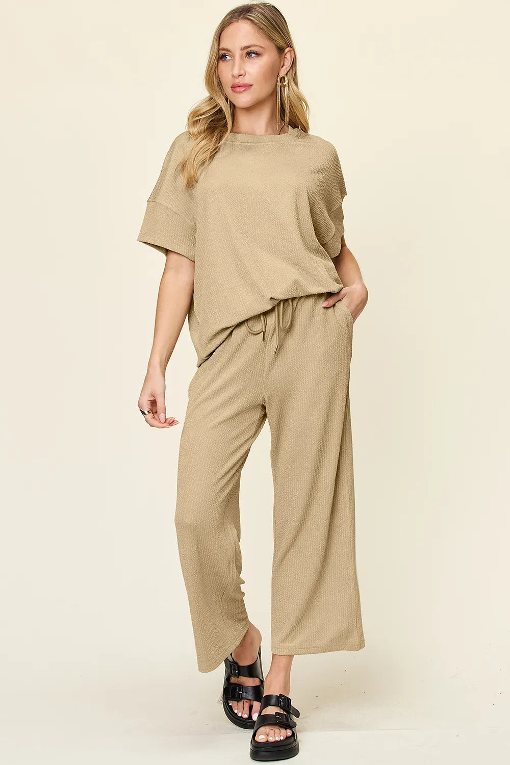 Ribbed Short Sleeve T-Shirt & Wide Leg Pants Set