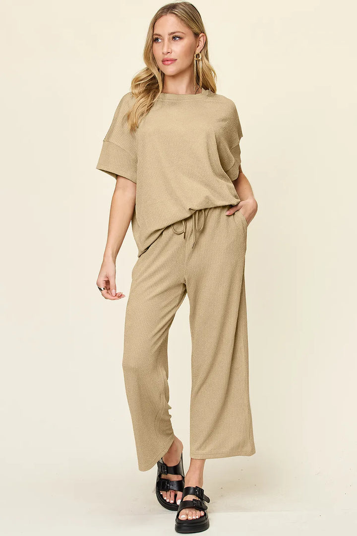 Ribbed Short Sleeve T-Shirt & Wide Leg Pants Set