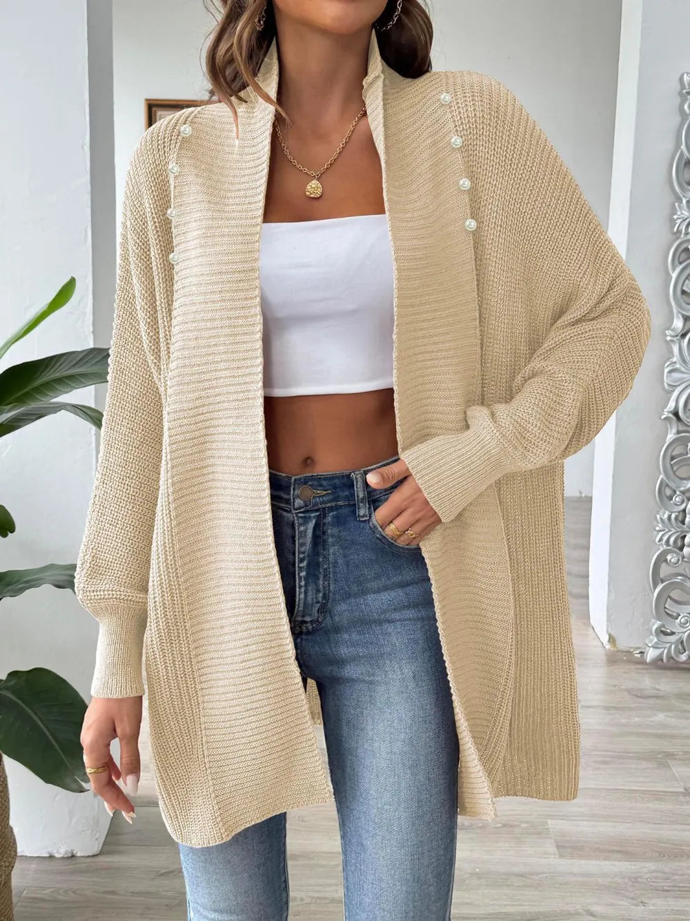 Pearl Detail Miranda Open Front Long Sleeve Cardigan (Ships in 2-3 Weeks)