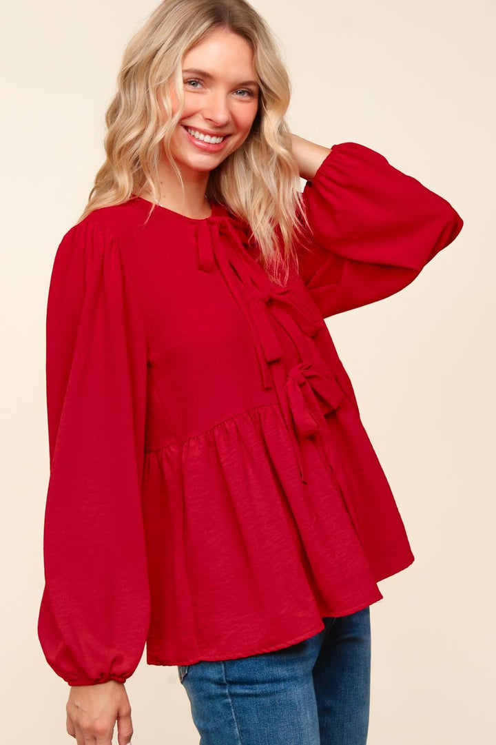 Front Ribbon Tie Long Sleeve Blouse - Red