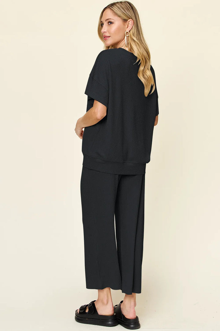 Ribbed Short Sleeve T-Shirt & Wide Leg Pants Set