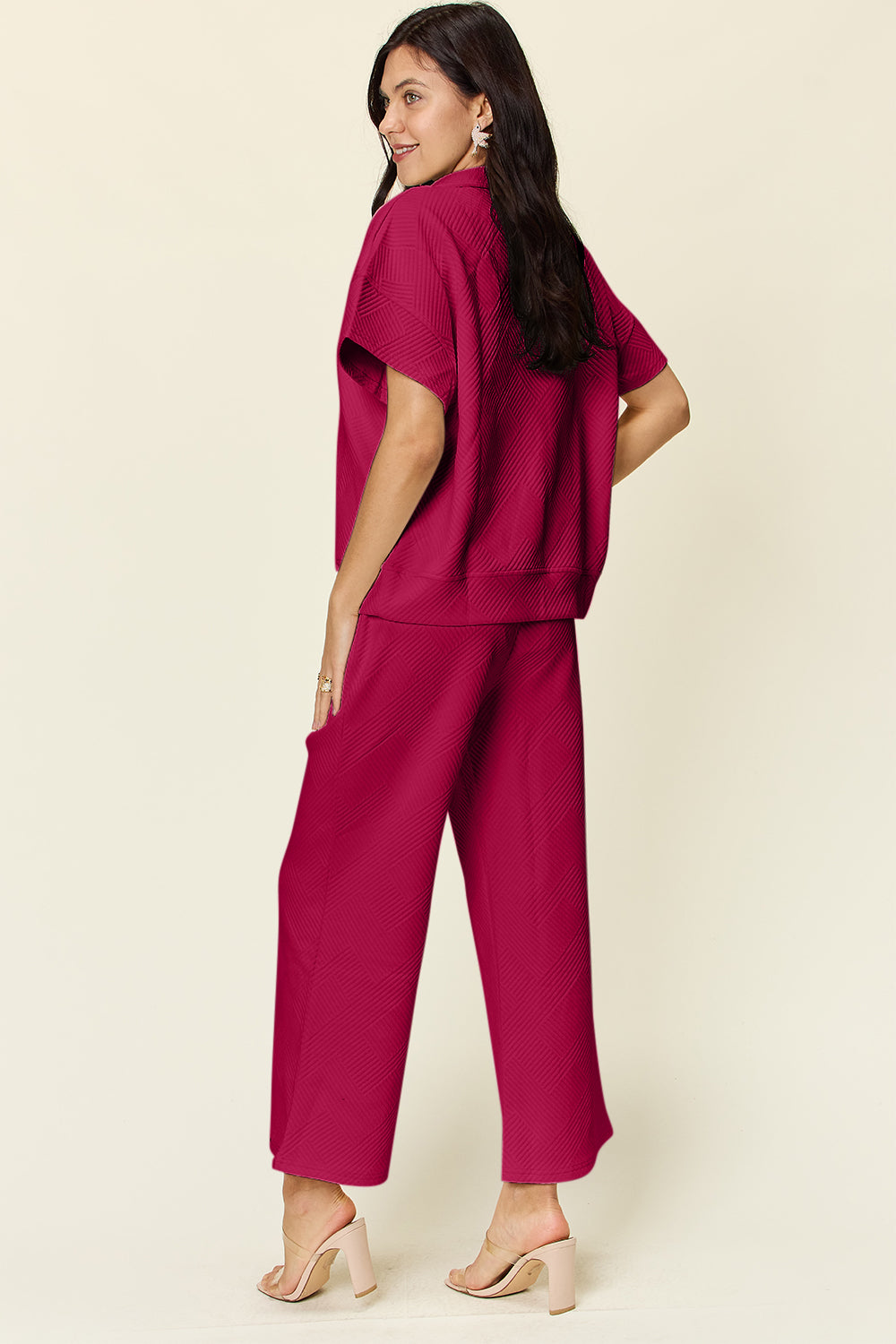 Textured Half Zip Short Sleeve Top and Pants Set by Double Take (Ships in 2-3 Weeks)