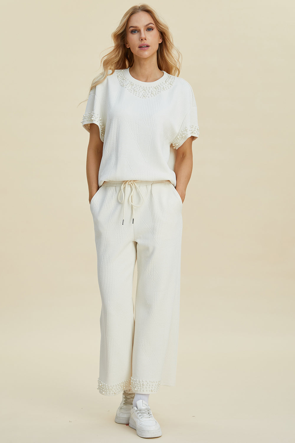 Pearl Detail Top and Pants Set by Double Take (Ships in 2-3 Weeks)