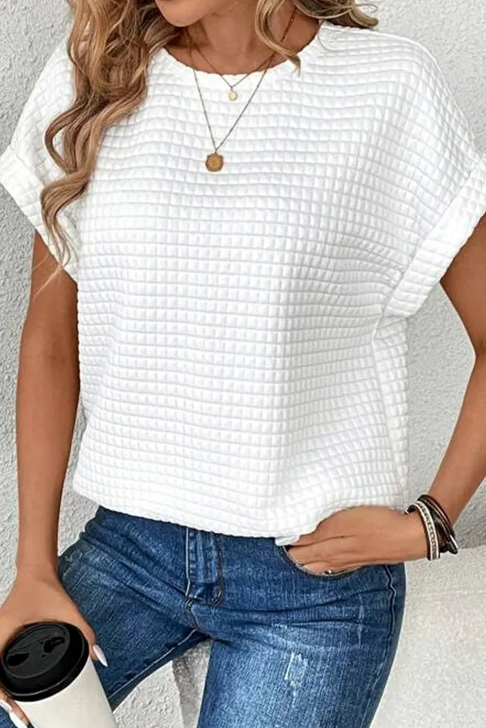 Round Neck Quilted White Tee