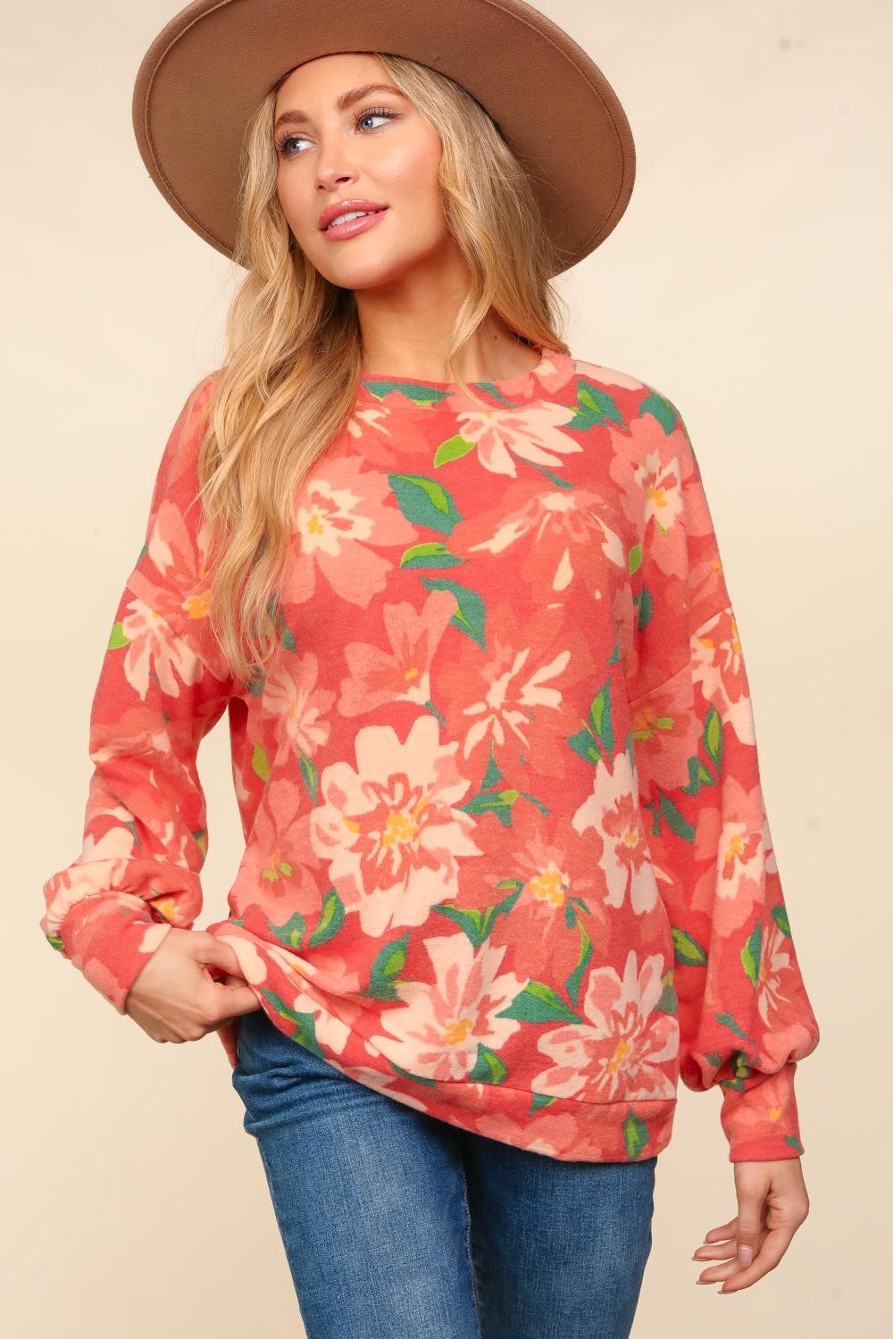 Floral Brushed Hacci Sweater Top - Red