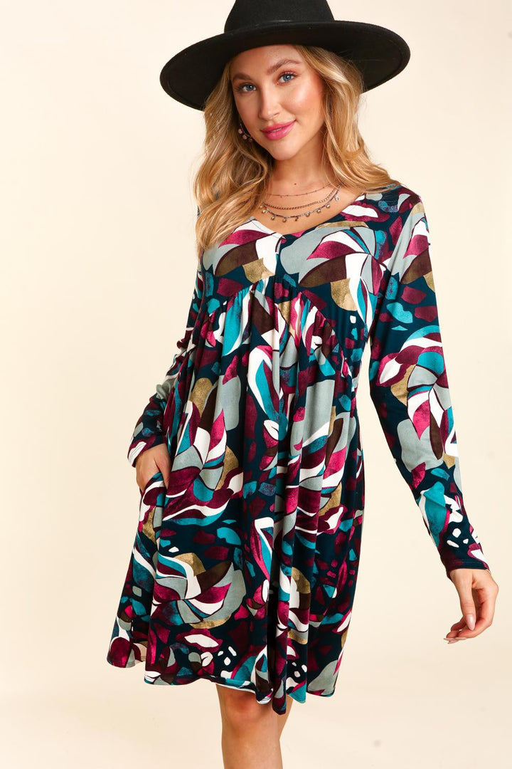 Kailey Abstract Long Sleeve Babydoll Dress - Navy/Plum