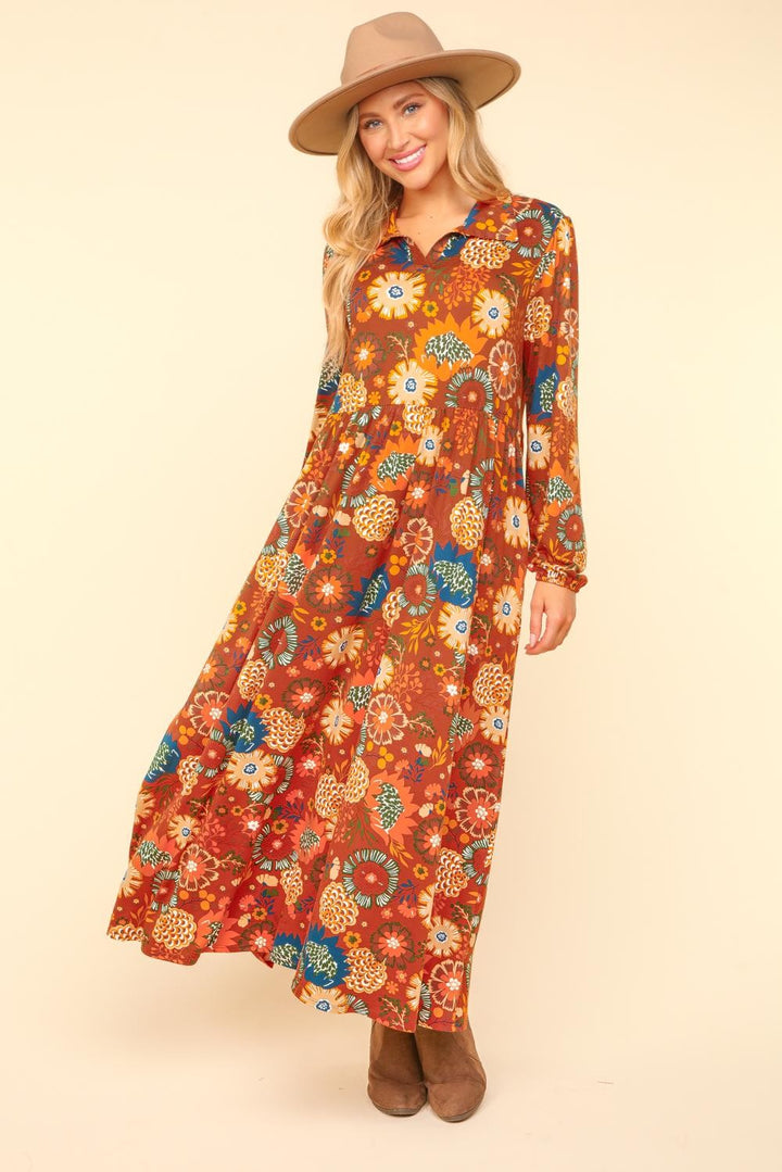 Collared Floral Maxi Dress - Rust