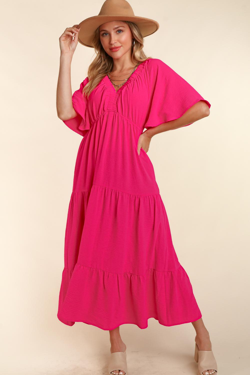 The Brunch Dress - Tiered Babydoll Maxi Dress - Hot Pink (Ships in 1-2 Weeks)