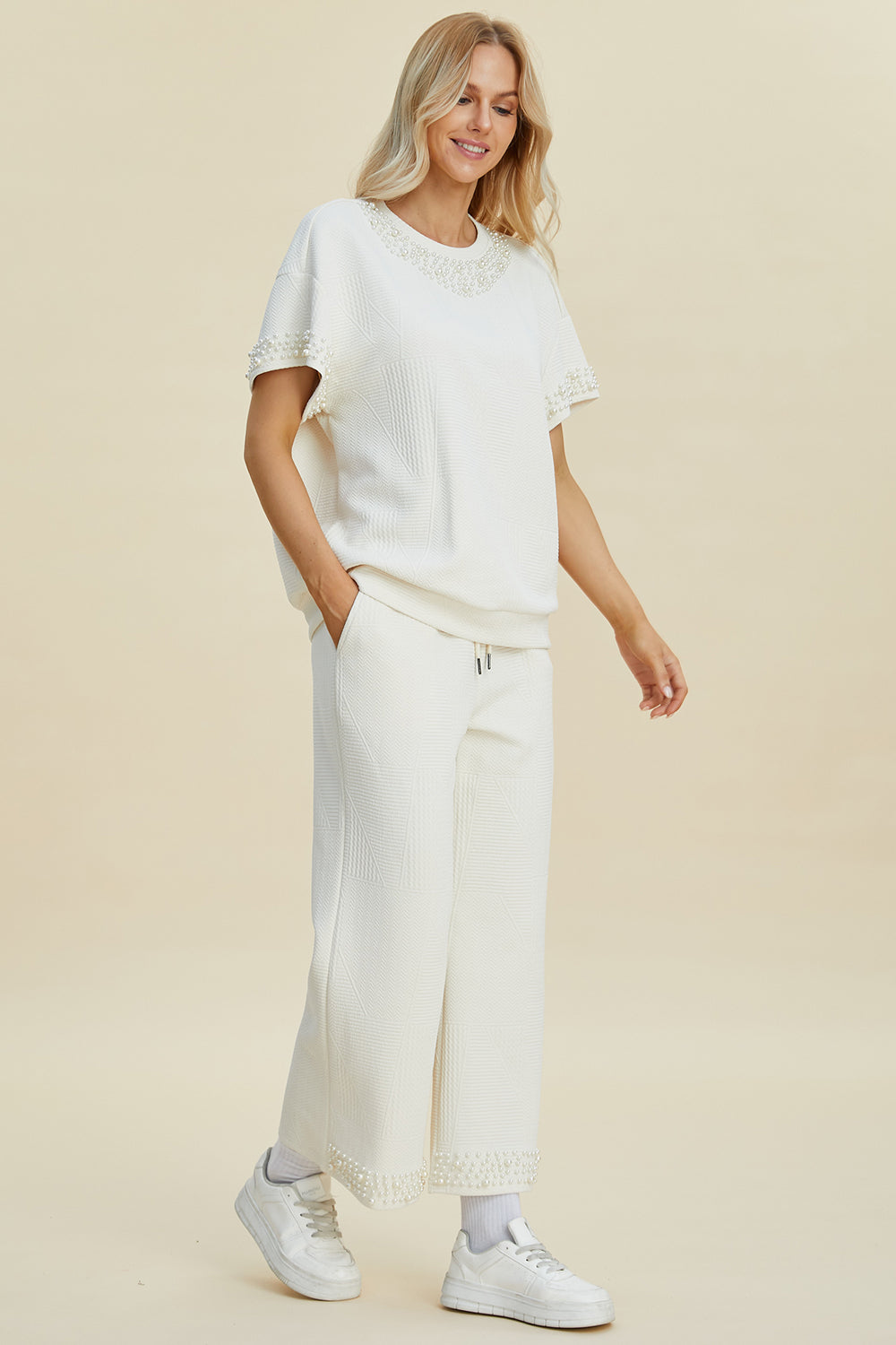 Pearl Detail Top and Pants Set by Double Take (Ships in 2-3 Weeks)