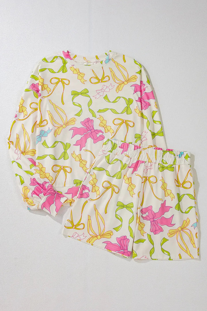 Bow Long Sleeve & Shorts Pajama Set (Ships in 3 Weeks)