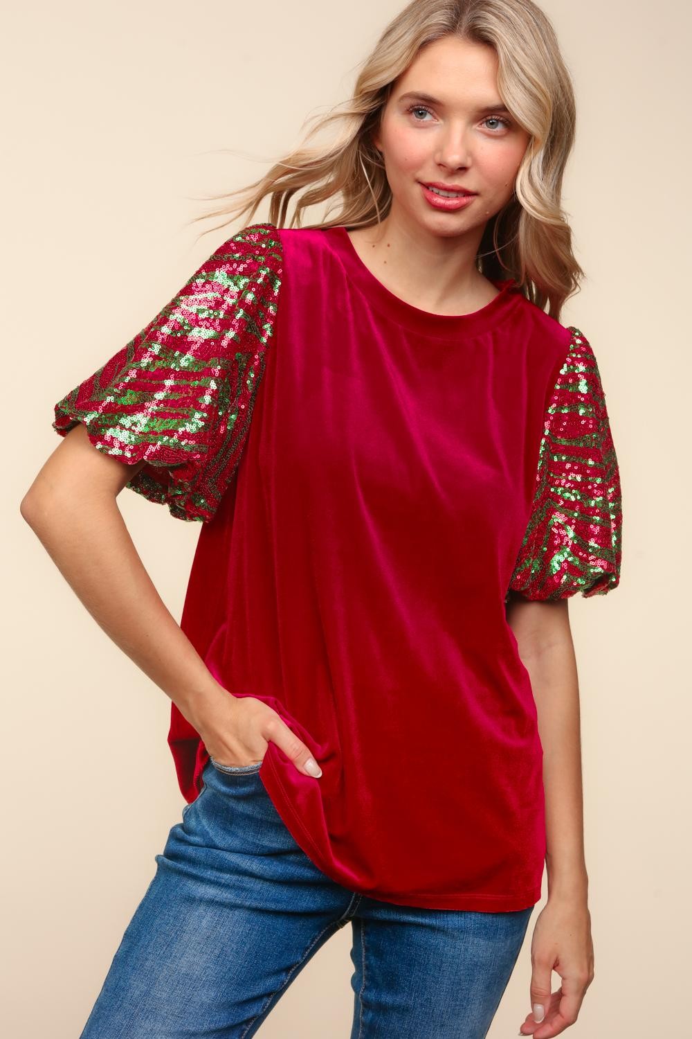 Velvet Sequin Sleeve Top - Christmas Red & Green