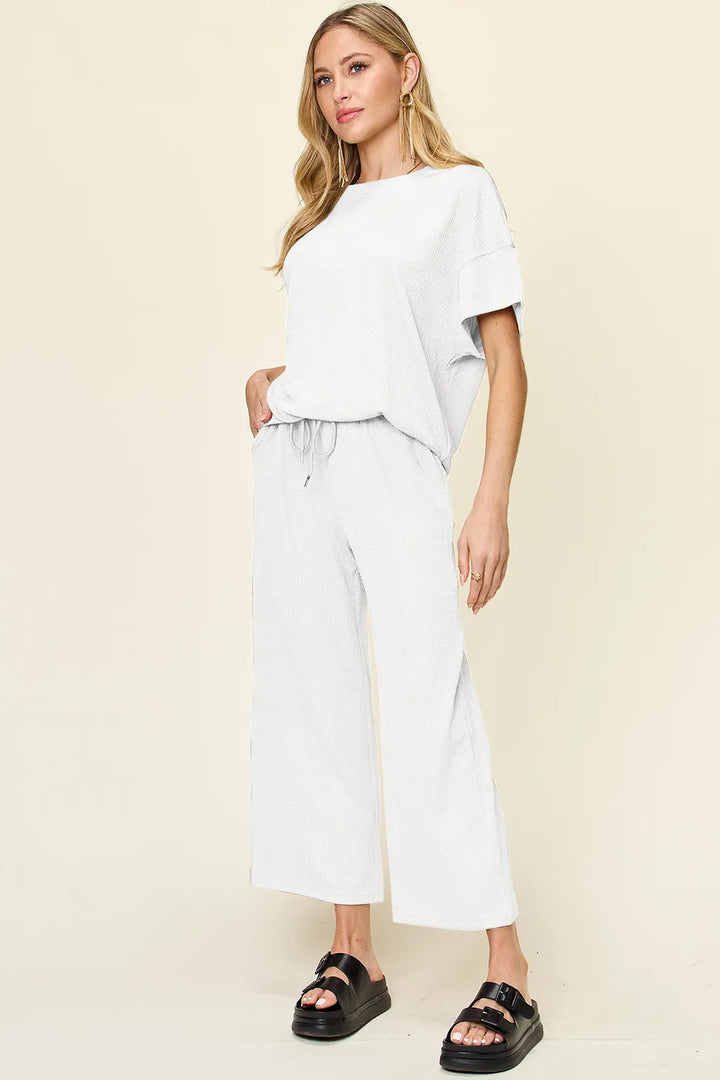 Ribbed Short Sleeve T-Shirt & Wide Leg Pants Set