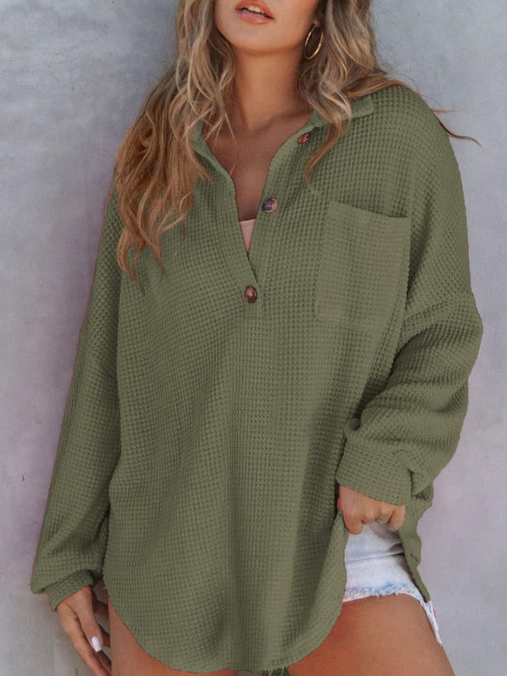 Waffle Drop Shoulder Long Sleeve Pullover (Ships in 2-3 Weeks)