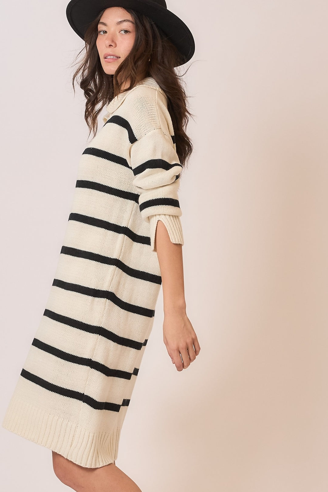 Stripe V Neck Shawl Collar Knit Sweater Dress by Cozy Co