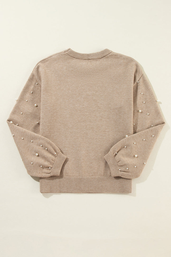 Bella Pearl Sleeve Round Neck Sweater - Taupe (Ships in 2-3 Weeks)